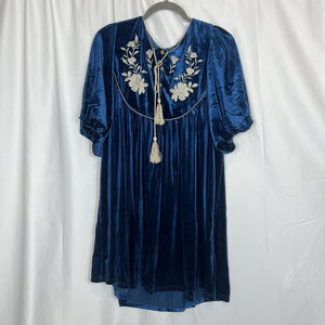Umgee Womens Velvet Floral Balloon Sleeve Babydoll Dress Boho M Embroidered Blue